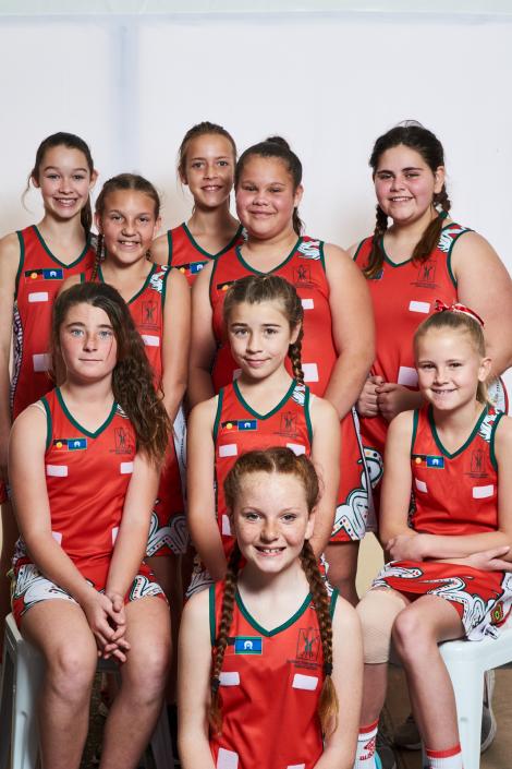 Potrait of Busselton U12s Netball Team: Sienna, Amber, Larni, Latesha, Kiki, Charlie, Josie, Chloe and Khulia 